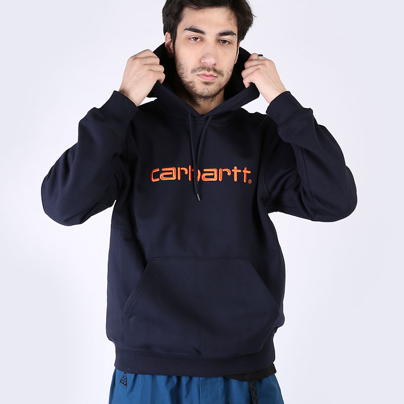 мужская синяя толстовка Carhartt WIP Hooded Carhatt Sweat I027093-navy/orng - цена, описание, фото 1